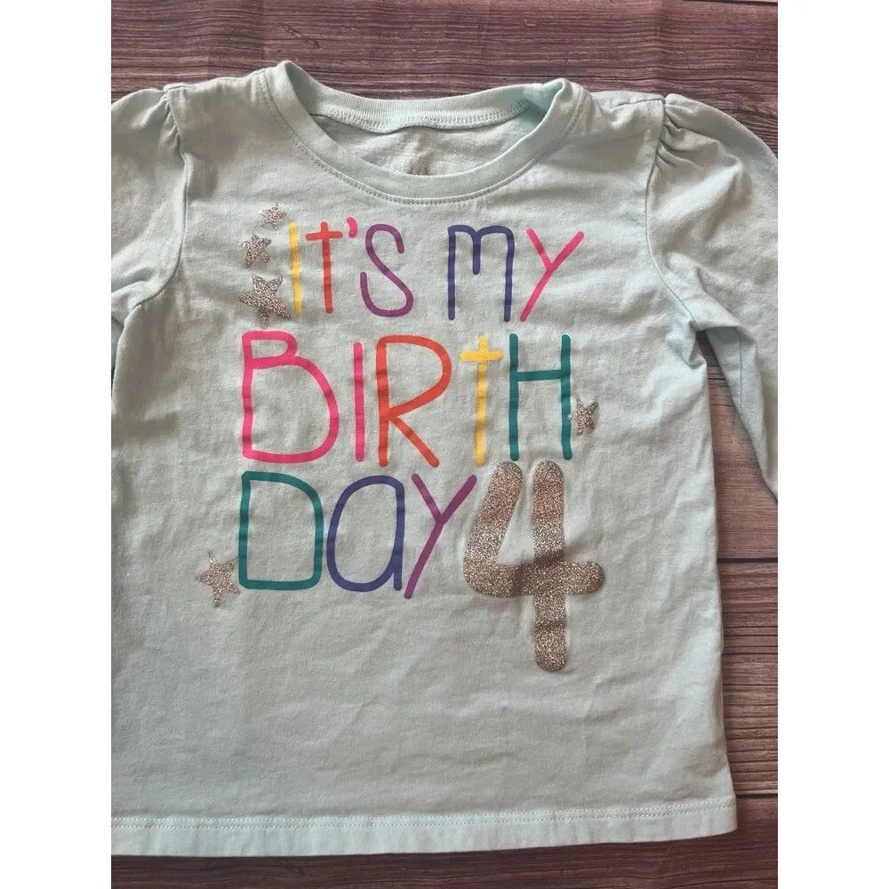 The Children's Place Girls 4T 4th Birthday Shirt Long Sleeve Glitter Blue